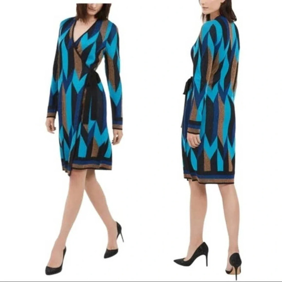 NWT INC Concepts Women's Size Large Blue Gold Long Sleeve Wrap Sweater Dress - Picture 2 of 7